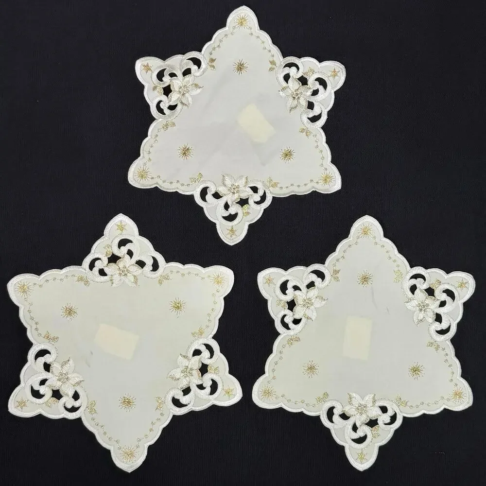 Set 3 German Embroidered Christmas Doilies Star Shaped Gold Thread 9” Table Mats